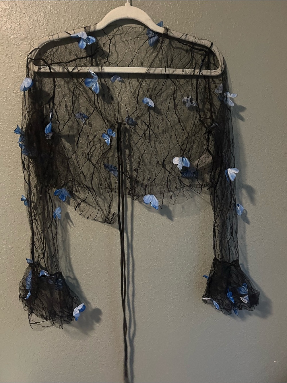 Black mesh long sleeve top with blue butterfly appliqués #goth #fairycore